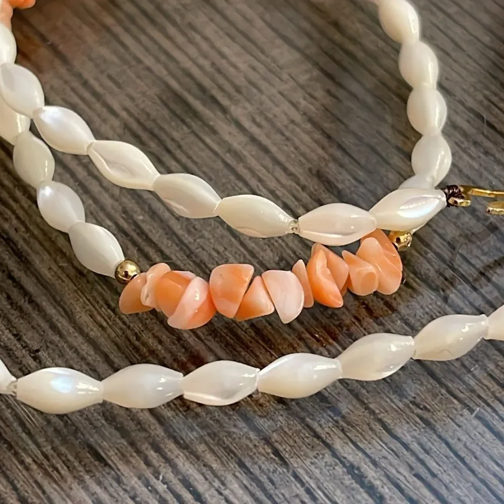 Vintage Lucoral Single Strand Coral & Mother of Pearl Necklace Rice Beads